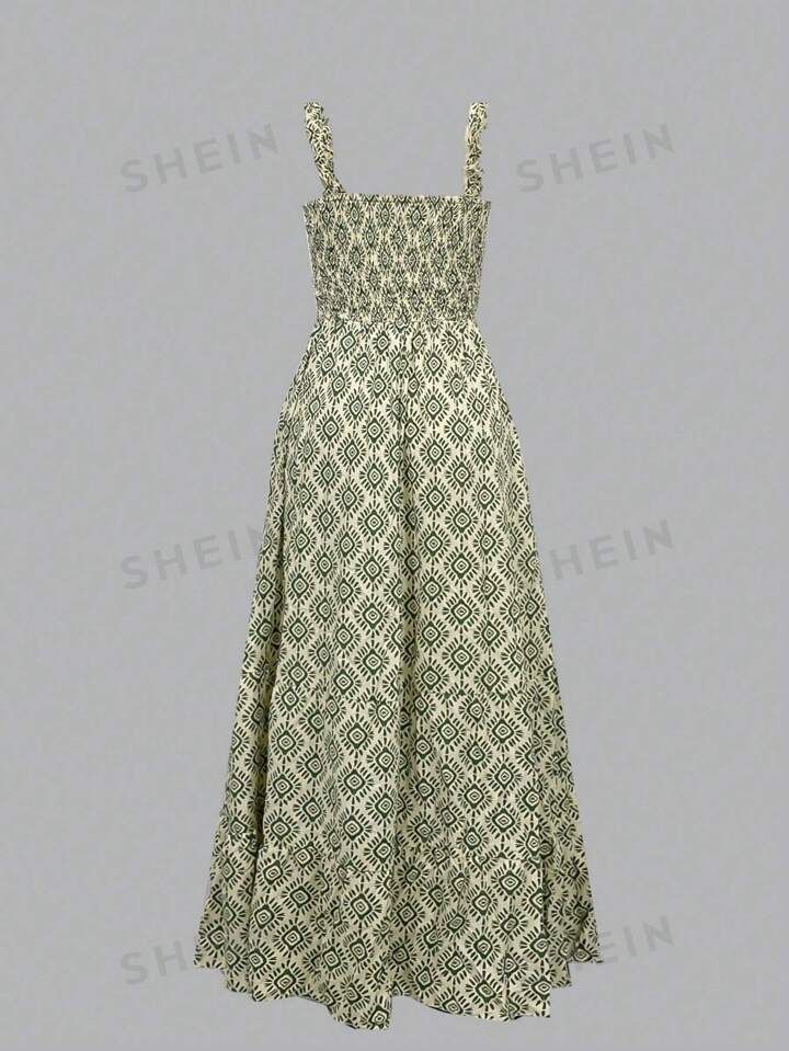SHEIN Frenchy Bohemian Vacation Style Printed Dress With Ruffle Hemline, Spaghetti Straps And Sli... | SHEIN