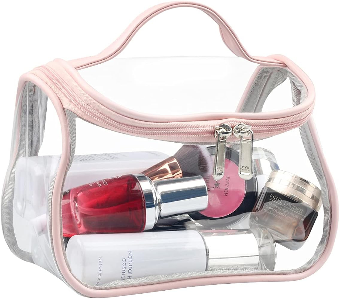 Heavy Duty Clear Cosmetic Bag Waterproof Transparent Travel Makeup Toiletry Organizer Bag (Pink) | Amazon (US)