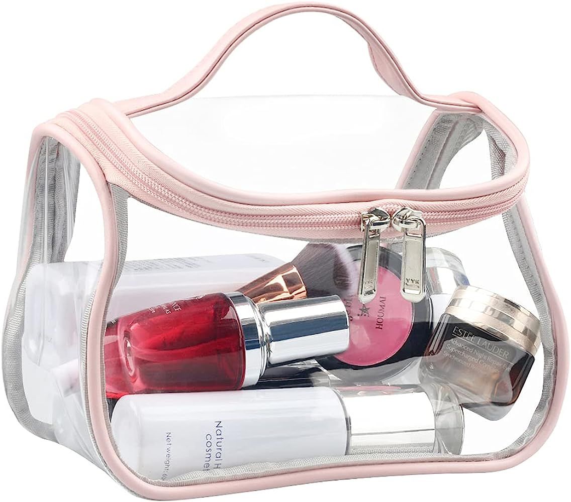 Heavy Duty Clear Cosmetic Bag Waterproof Transparent Travel Makeup Toiletry Organizer Bag (Pink) | Amazon (US)