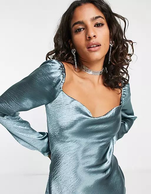 Urban Threads Petite cowl neck satin midi dress in teal | ASOS (Global)