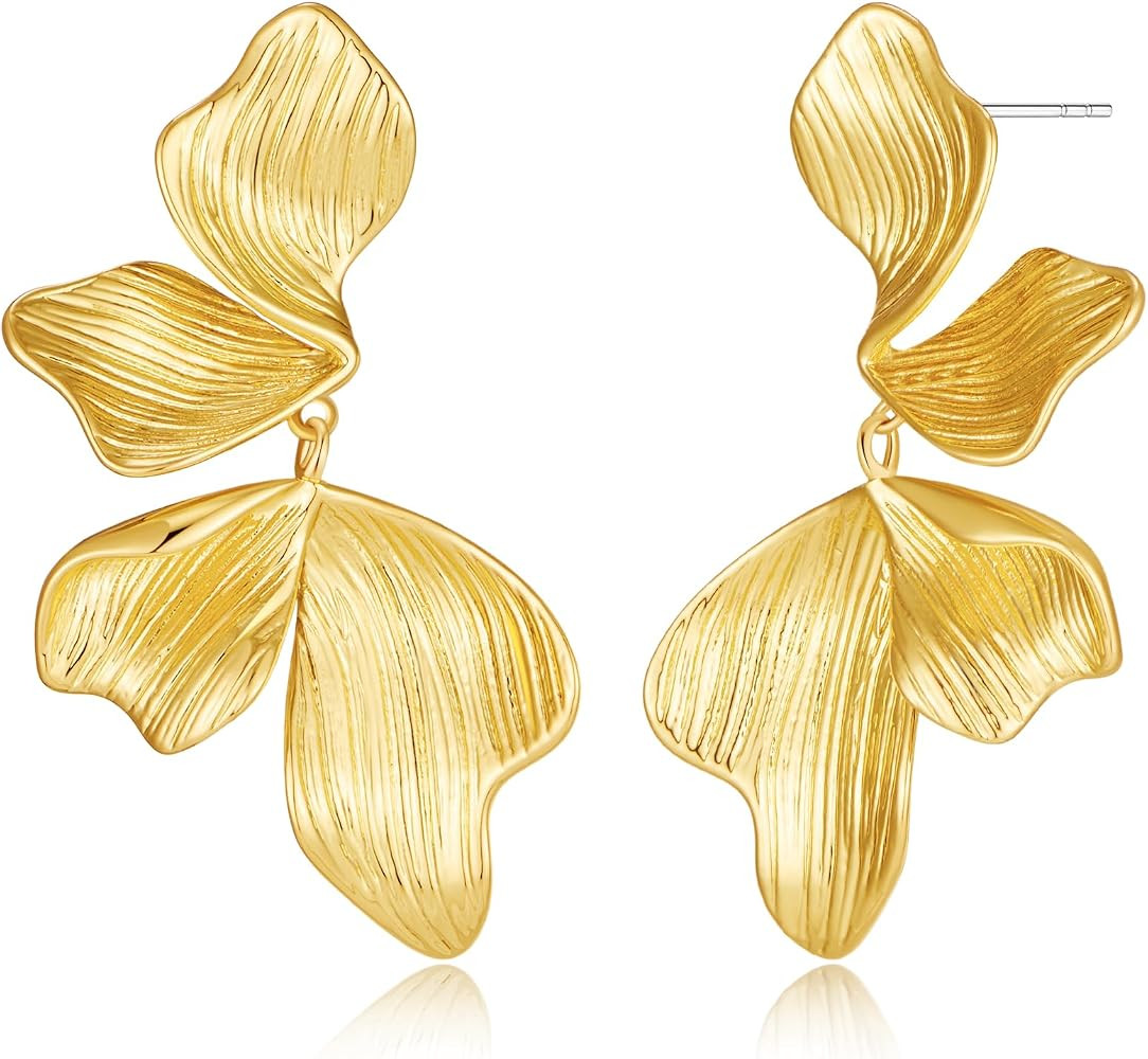 Chunky Flower Earrings for Women 14K Gold Plated Drop Dangle Sectored Leaf Floral Gold Stud Earri... | Amazon (US)
