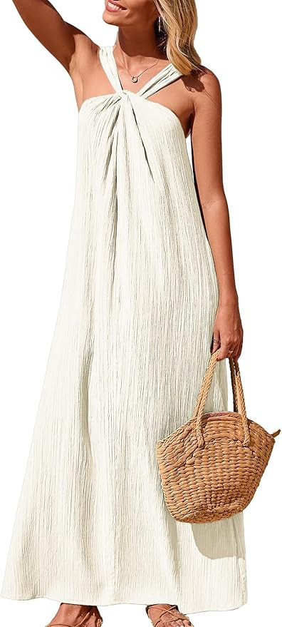 Kikibell Women's Summer Sleeveless Halter Sundress with Pockets Casual Strappy Beach Vacation Loo... | Amazon (US)