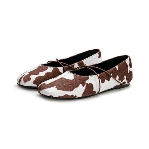 ZodyBoer Cow Print Mary Jane Flats for Women Square Closed Toe Ballet Flats Shoes Slip On Ballerina Flat Comfortable Cute Casual Shoes Size 7.5 | Amazon (US)