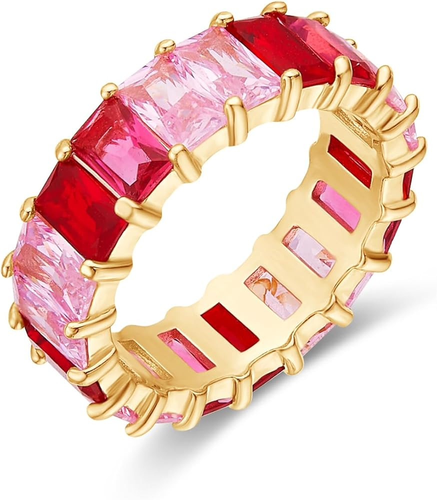 AFFY Eternity Rainbow Ring 18K Gold Plated Emerald-Cut Multi Color AAA Created-Gemstone Rainbow R... | Amazon (US)