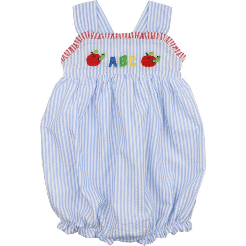 Blue Seersucker Smocked ABC Apple And Worm Bubble | Cecil and Lou