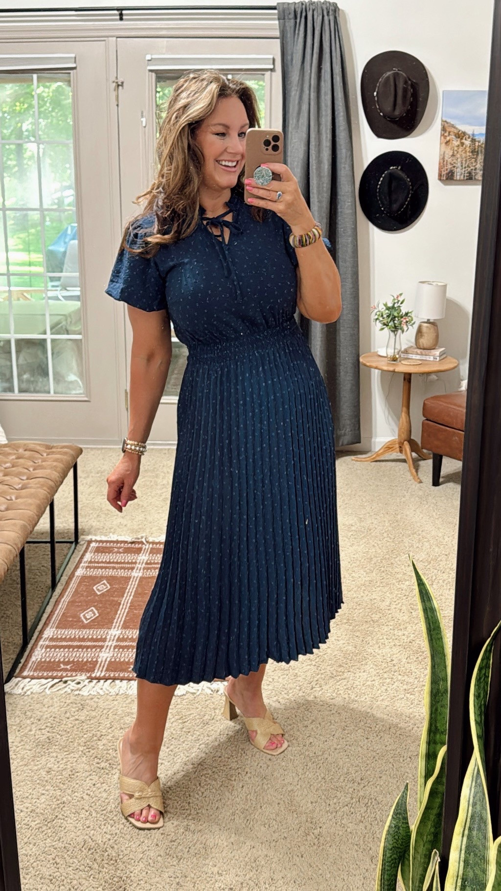 Stunning navy blue midi dress for step-son’s graduation from college. Cinch elastic waist. Elastic sleeves. Tie neck. Pleated from waist to hem  

Wearing size Large (5’8” | 36DD | 190lb)
Wedding Guest Dress
Summer Dress 
Graduation Dress for Mother 

#LTKWedding #LTKWorkwear #LTKMidsize