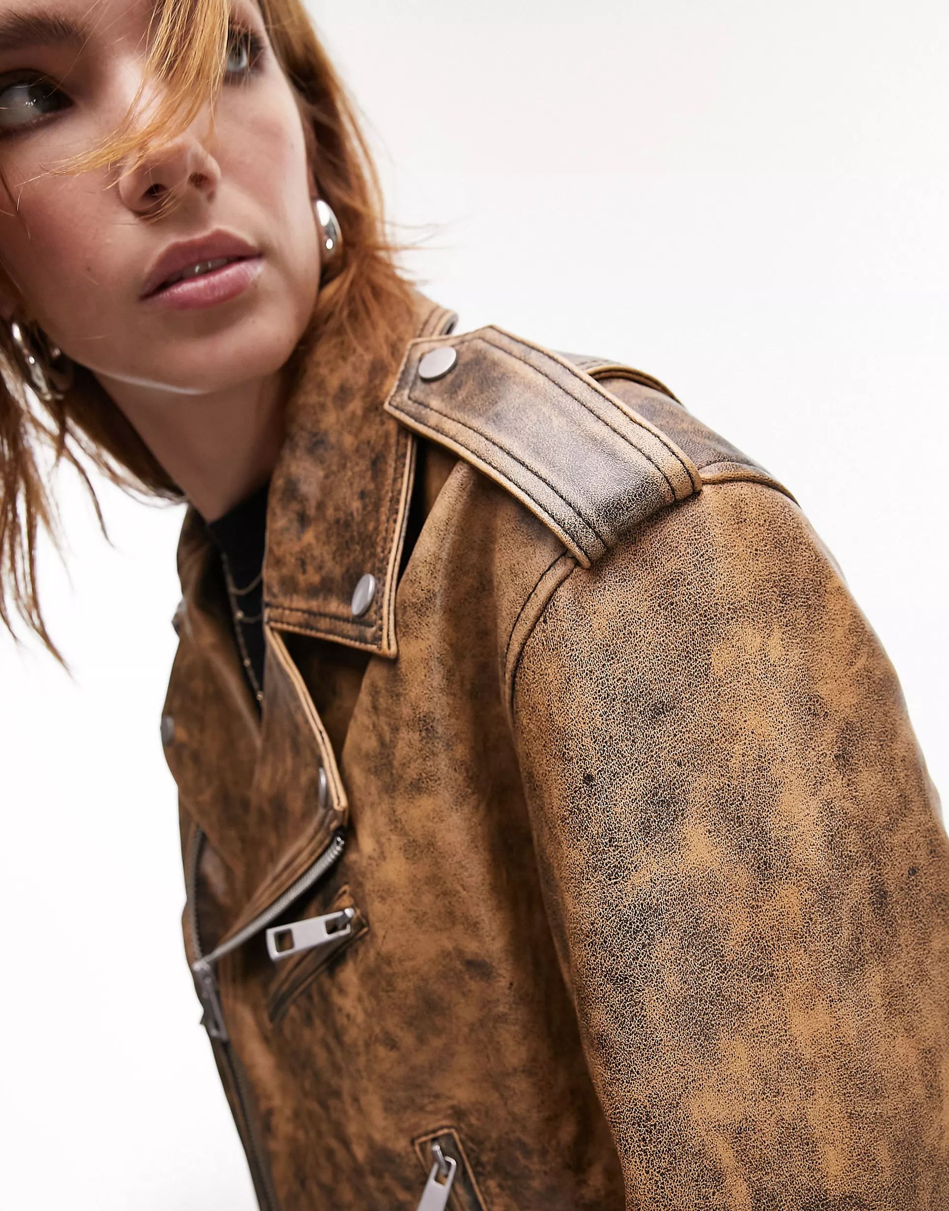Topshop real leather washed crop biker jacket in brown | ASOS (Global)