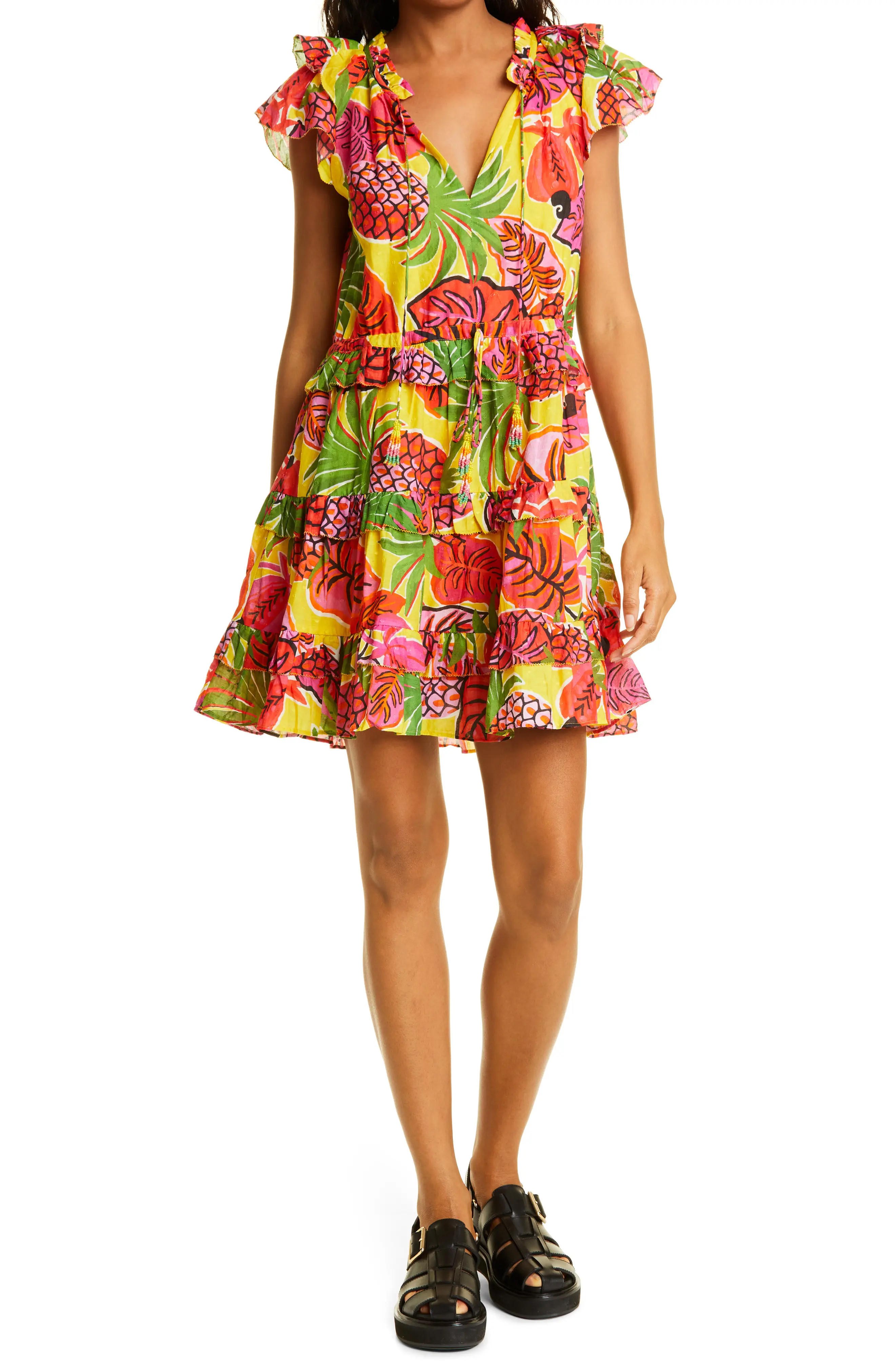 FARM Rio Fruit Dream Ruffle Dress in Yellow at Nordstrom, Size X-Large | Nordstrom