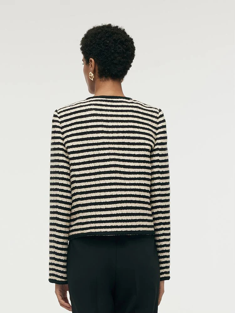 Chaqueta de mujer de tweed con rayas en blanco y negro de mezcla de la | GOELIA
