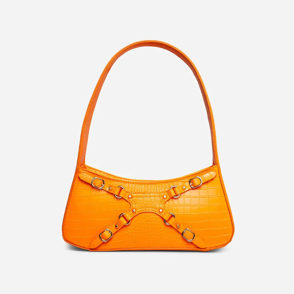 Fatima Buckle Detail Rectangle Shaped Shoulder Bag In Orange Croc Print Faux Leather | EGO Shoes (US & Canada)