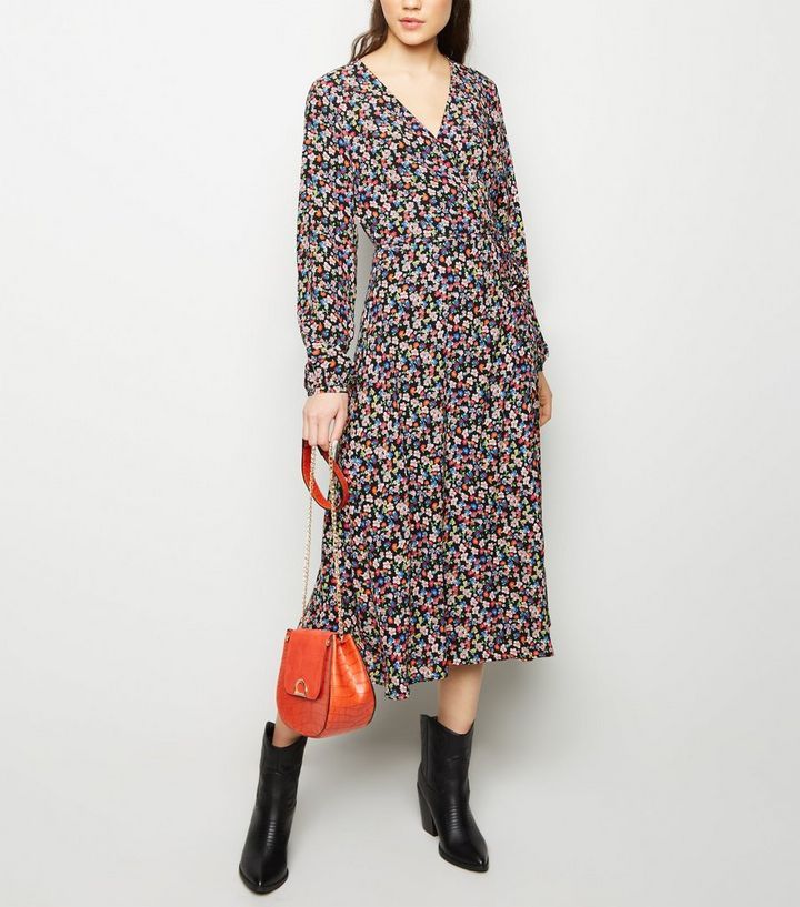 Black Bright Floral Long Sleeve Wrap Midi Dress | New Look | New Look (UK)