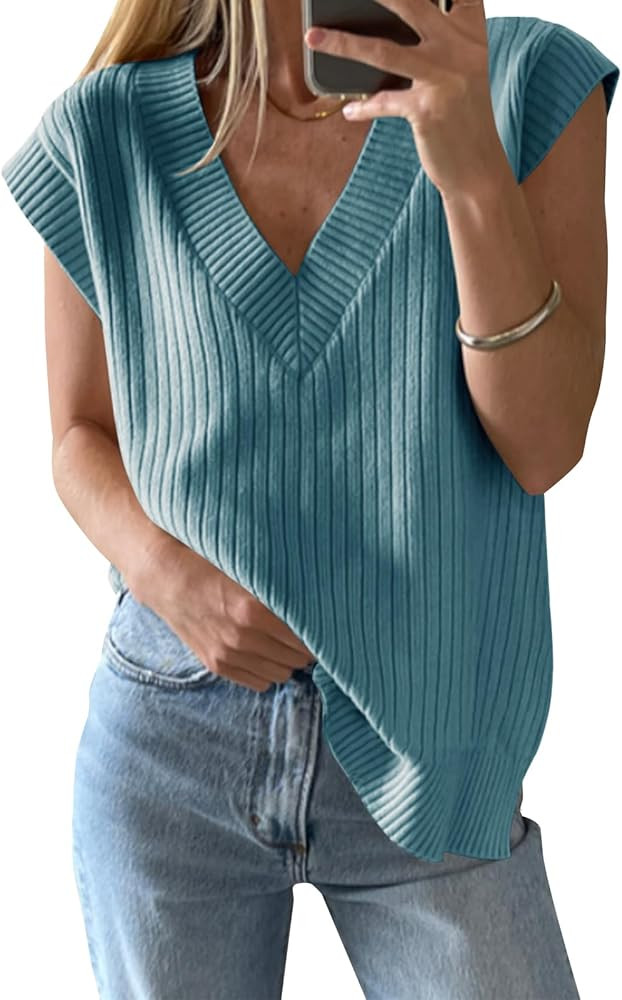 Saodimallsu Womens V Neck Sweater Vest Oversized Ribbed Knit Sleeveless Casual Loose Fit Pullover... | Amazon (US)