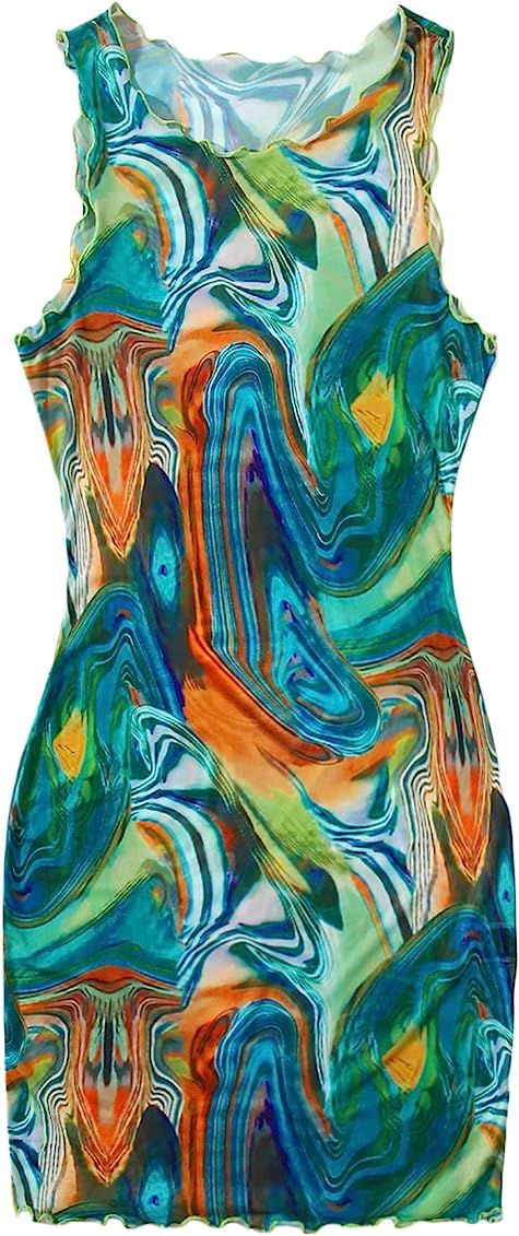 SheIn Women's Marble Sheer Mesh Mini Bodycon Dress Sleeveless Frill Round Neck Short Dresses | Amazon (US)