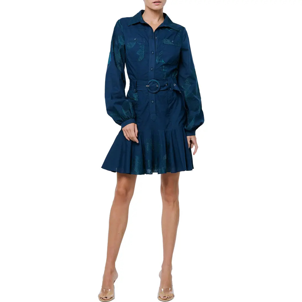 CIEBON Ina Embroidered Long Sleeve Cotton Shirtdress in Blue/Green Multi at Nordstrom, Size Large | Nordstrom