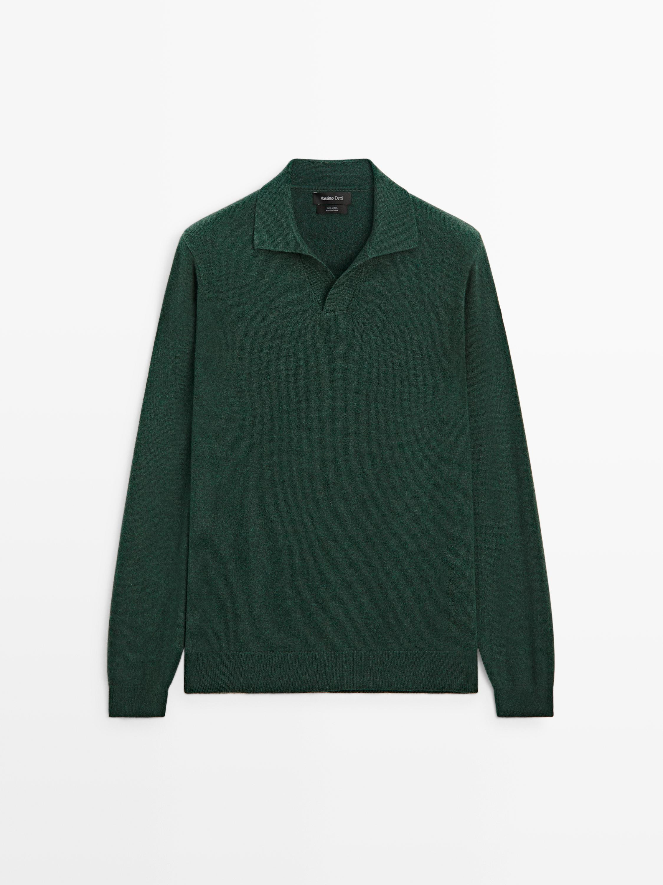 100% wool V-neck knit polo sweater | Massimo Dutti US