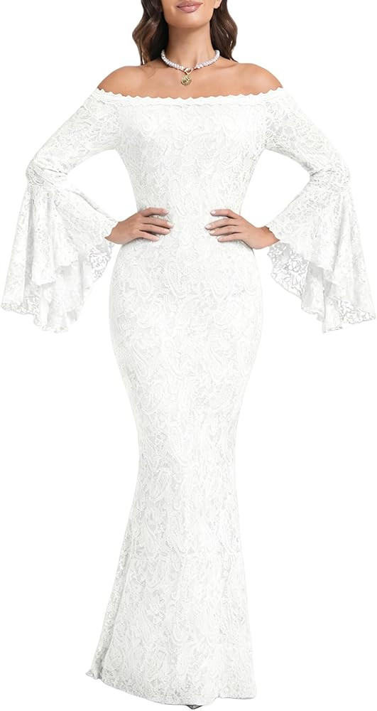 Cercis Women's Off The Shoulder Floral Lace Maxi Wedding Dress Long Bell Sleeve Formal Party Body... | Amazon (US)