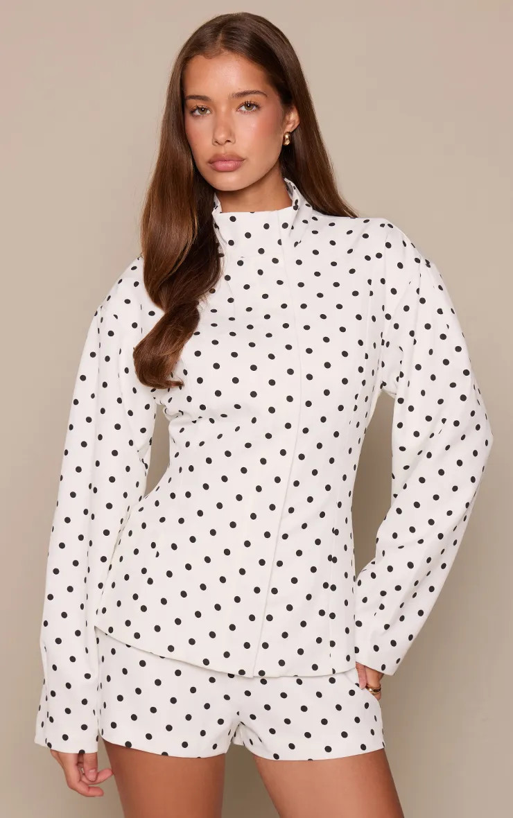 White Polka Dot Tailored Cocoon Sleeve Jacket | PrettyLittleThing UK