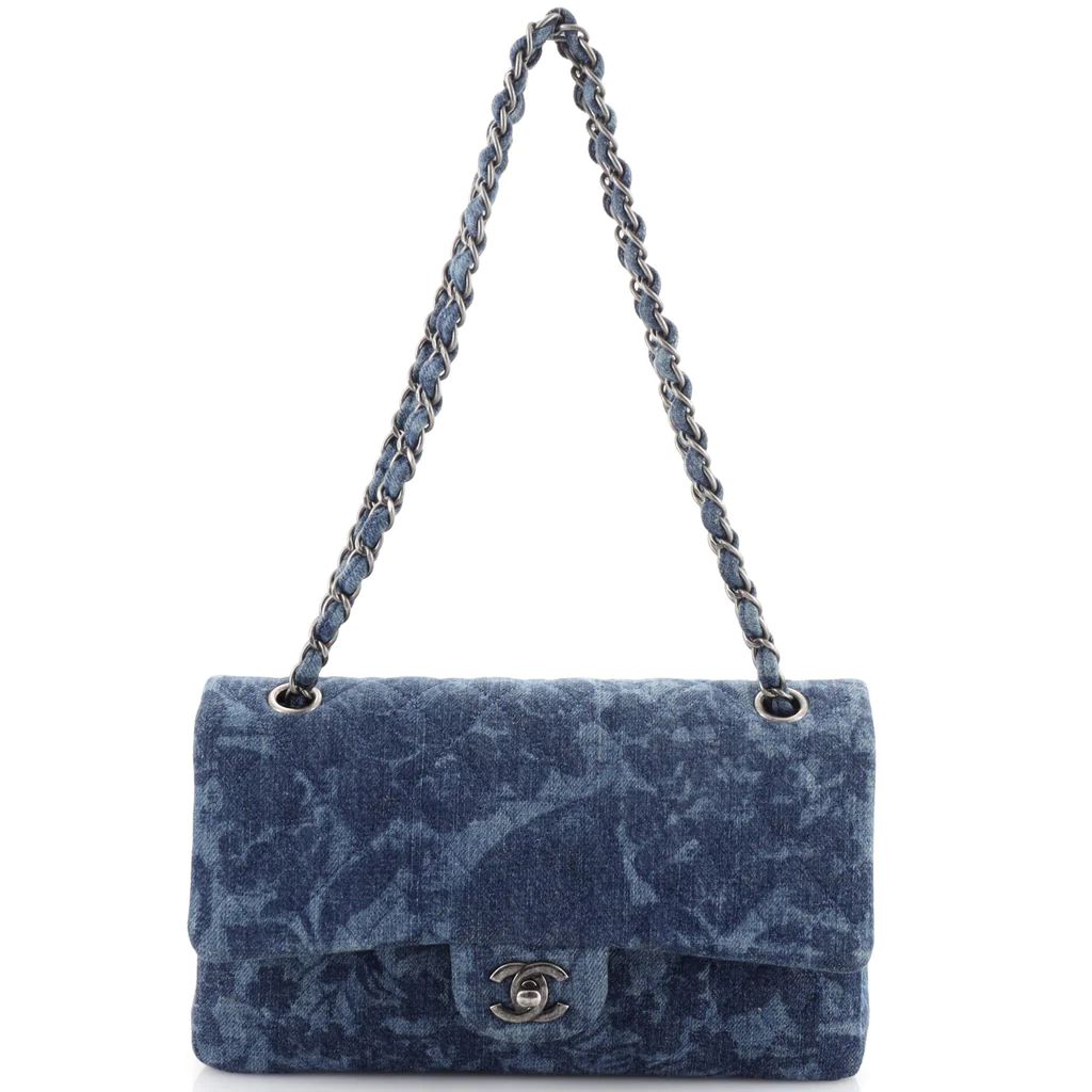 Chanel Camellia Classic Double Flap Bag Quilted Printed Denim Medium Blue 161880140 | Rebag