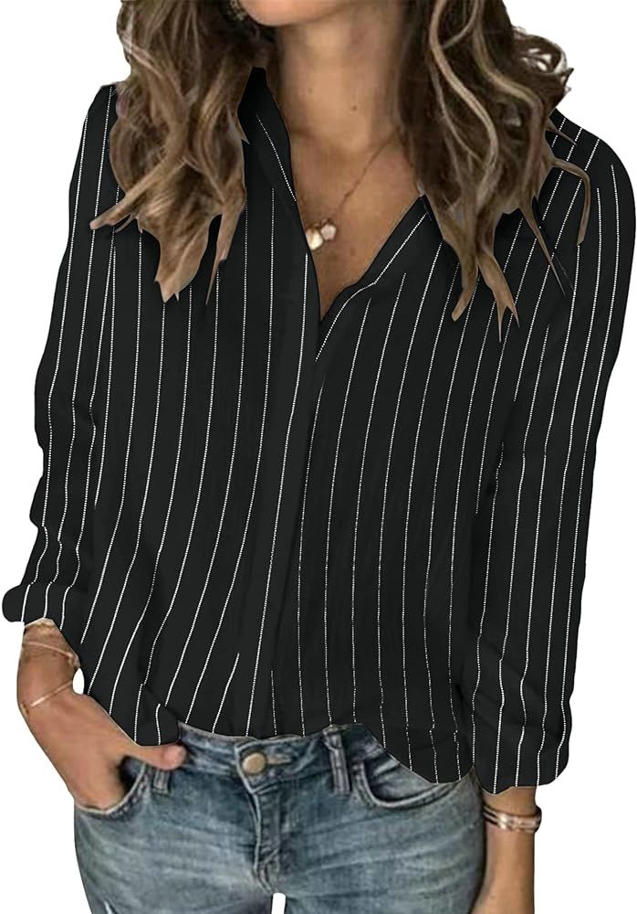 Karlywindow Womens Button Down V Neck Shirts Long Sleeve Casual Striped Summer Beach Office Work ... | Amazon (US)