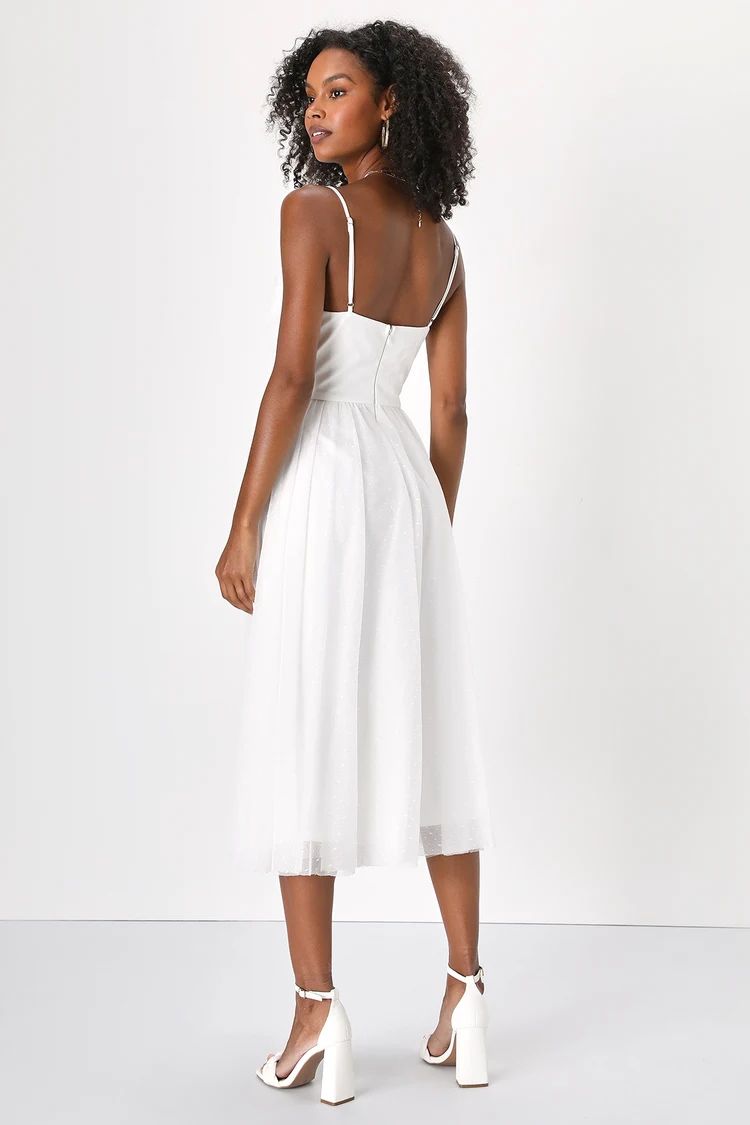 Sweet Serenade White Tulle Swiss Dot Surplice Midi Dress | Lulus (US)