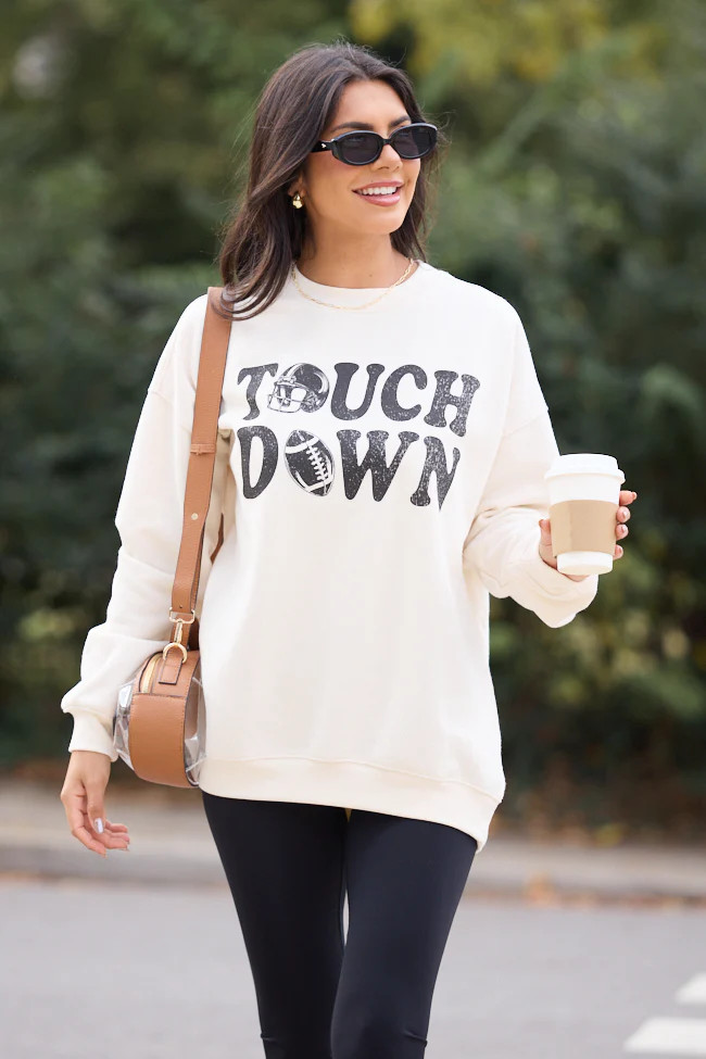 Touchdown Printed Cream Graphic Sweatshirt | Pink Lily