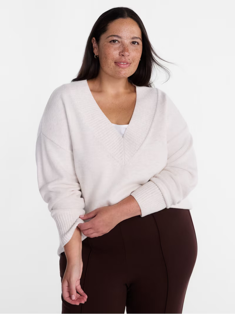 Terra & Sky Women's Plus Deep V-Neck Sweater with Long Sleeves, Midweight, Sizes 0X-5X | Walmart (US)