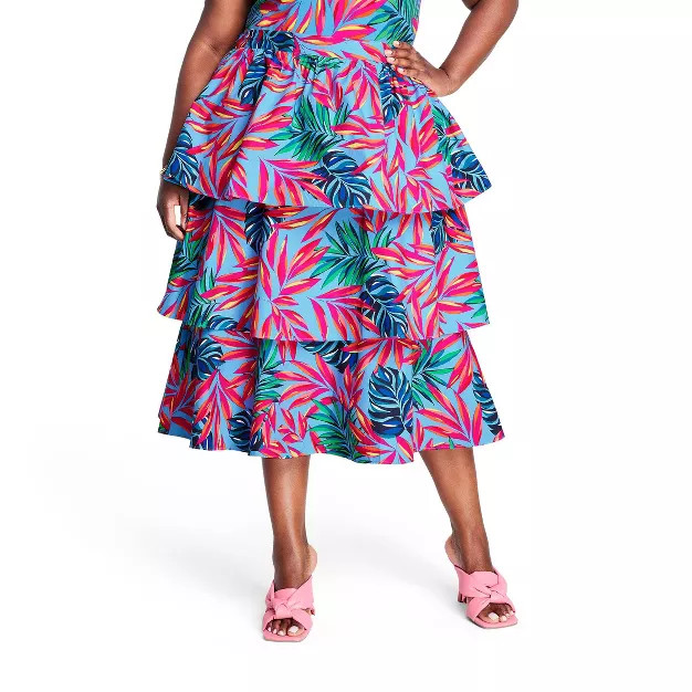 Women's Tropical Print Tiered Midi Skirt - Tabitha Brown for Target Blue/Pink | Target
