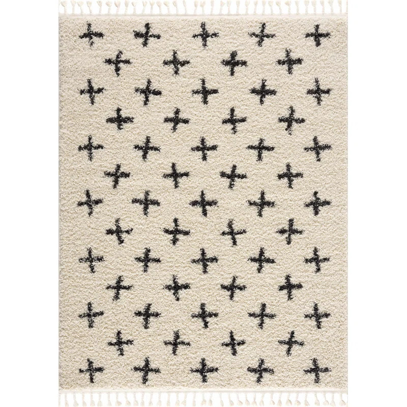 Adeewa Shaggy Performance Beige & Black Tasseled Area Rug | Wayfair North America