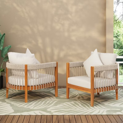 Beige Set of 2 Outdoor Lounge Chairs with Acacia Wood and Handwoven Rope,Water Resistant Cushions for Patio,Porch or Garden-Maison Boucle | Target