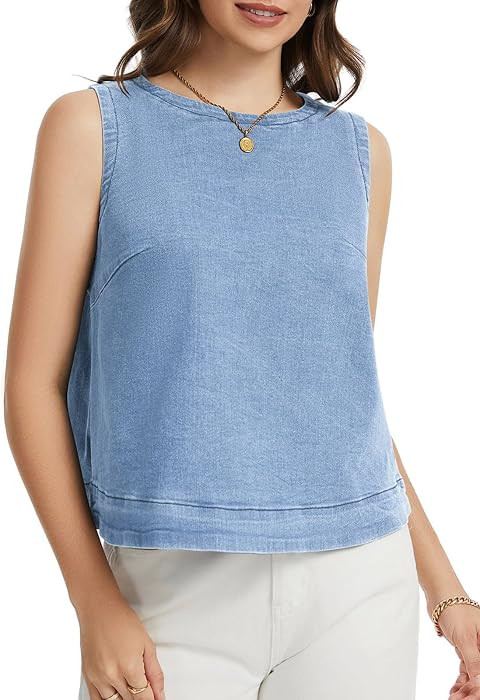 Womens Denim Tank Tops Sleeveless Crewneck Loose Fit Jean Vests | Amazon (US)