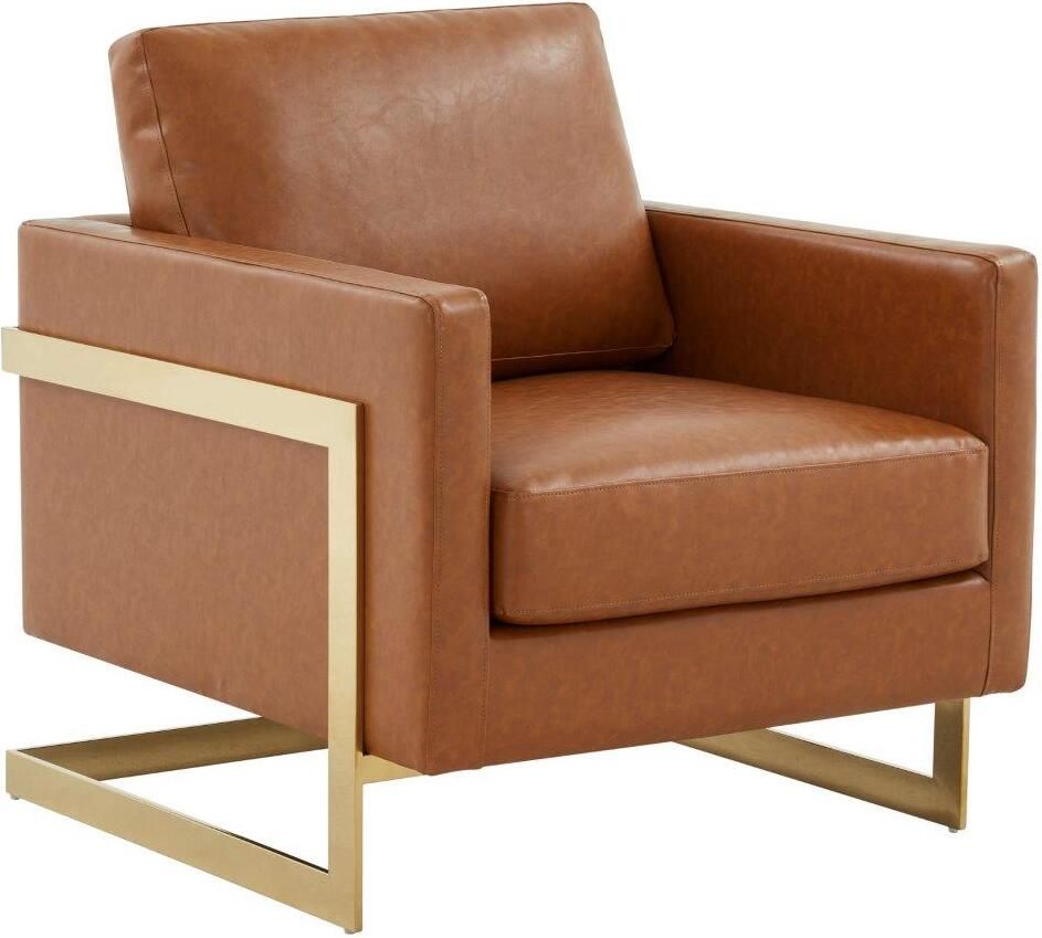 LeisureMod Lincoln Tan Modern Upholstered Leather Accent Arm Chair with Gold Frame | 1StopBedroom... | 1stopbedrooms