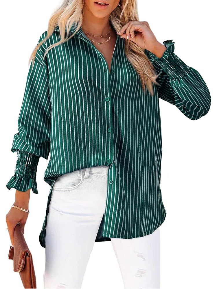 Women's Striped Button Down Shirts Long Sleeve Smocked Cuffed Oversized Boyfriend Blouses Collare... | Amazon (US)