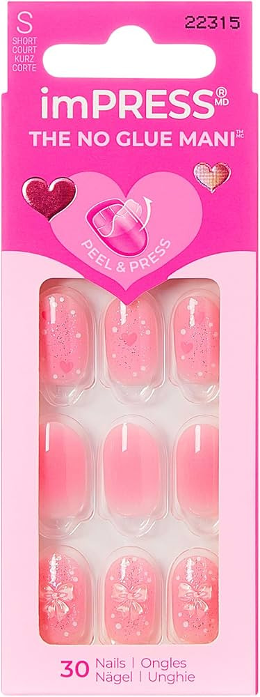 KISS imPRESS No Glue Mani Press On Nails, Design, 'Cupid Love', Pink, Short Size, Oval Shape, Inc... | Amazon (US)