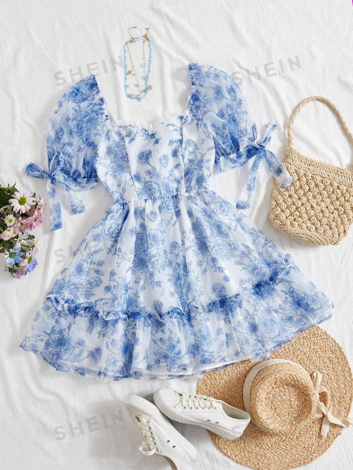 SHEIN WYWH Holiday Floral Print Lace Trim Puff Sleeve Dress With Sweetheart Neckline | SHEIN