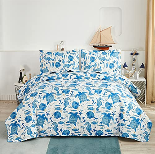 Ferdilan Ocean Theme Quilt Set King Size 3 Pieces Coastal Beach Bedspread Set Turtle Shell Seahorse Anchor Lightweight All Season Breathable Bedding Set (Includes 1 Quilt, 2 Shams) | Amazon (US)