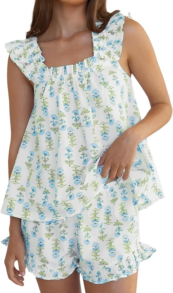 Arssm Womens Floral Pajama Set 2 Piece Loungewear Ruffle Hem Tank Top Vest Shorts Pjs Set Sleevel... | Amazon (US)