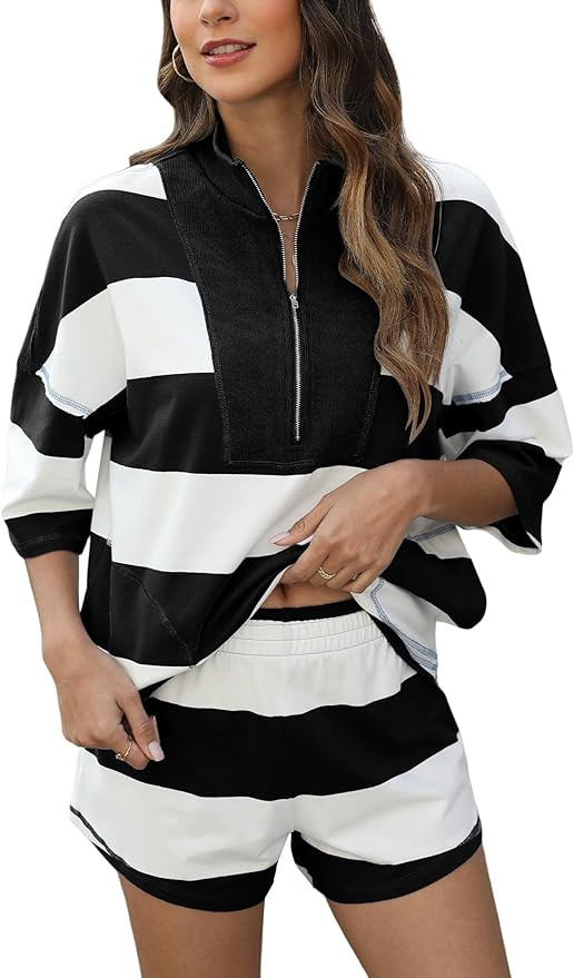 Women's Striped 2 Piece Outfits Oversized Lounge Set Summer Workout Sets Top and Shorts with Pock... | Amazon (US)