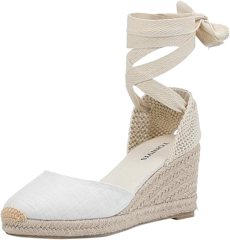 Women’s Platform Wedges Espadrilles, 3" Wedge, Soft Ankle-Tie Strap, Closed Toe, Classic Summer Sand | Amazon (US)