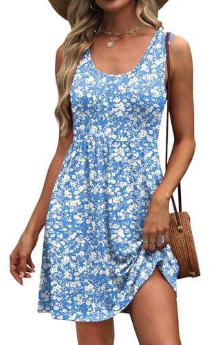 WIHOLL Summer Dresses for Women 2025 A Line Sleeveless Spring Dresses for Women Casual Cute Beach Vacation Fashion Floral Dress Boho Sundresses with Pockets Womens Sun Dress Break Essentials Blue S | Amazon (US)