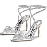 Ancomafio Rhinestone Heels For Women Stiletto Heel Three Heart Clear Heels Strappy Sandals Pointe... | Amazon (US)