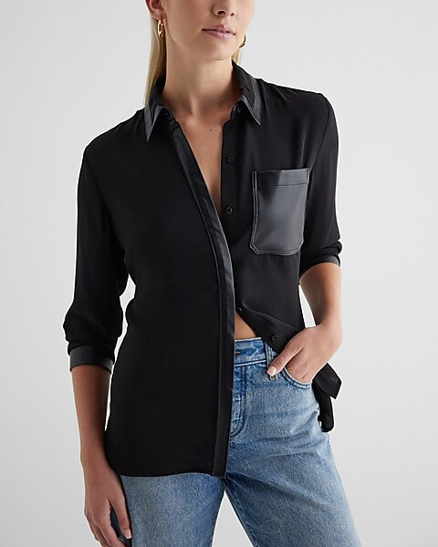 Faux Leather Pocket Tipped Relaxed Portofino Shirt | Express