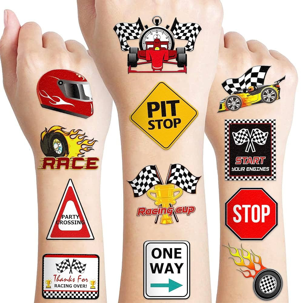 96 PCS Race Car Pre-Cut Temporary Tattoos Sticker Racing Pit Crew Checkered Flag Birthday Party D... | Amazon (US)