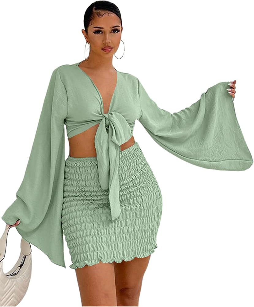LYANER Women's 2 Piece Outfits Tie Knot Front Bell Long Sleeve Crop Top and Mini Skirt Set | Amazon (US)