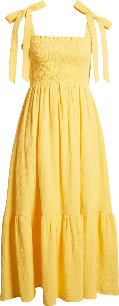 Smocked Tie Strap Cotton Gauze Midi Sundress | Nordstrom