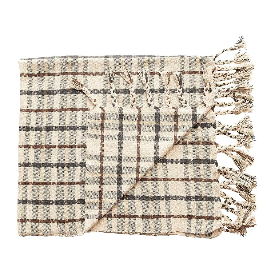 Bloomingville Woven Recycled Cotton Blend Tassels, Color Throw, Charcoal & Brown Plaid | Amazon (US)
