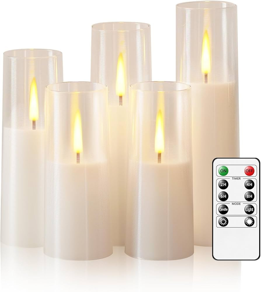 Flameless LED Candles, Upgraded Realistic 5 Pcs Flickering Flame Pillar Candles, Battery Operated... | Amazon (US)