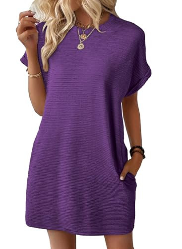 EVALESS Womens Summer Dresses 2026 Fashion Short Sleeve Cute Spring Mini Dress Crewneck Solid Casual Beach Vacation Tshirt Dresses | Amazon (US)