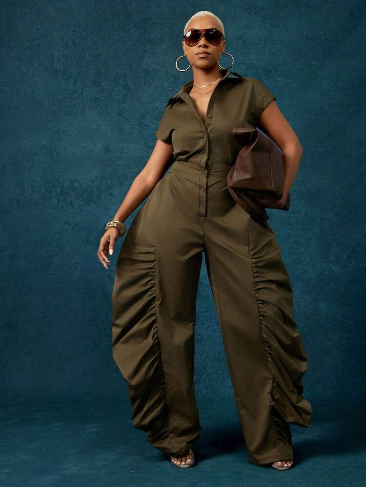 Vixey Olive Ruched Wide Leg Shirred Back Button Up Woven Utility Jumpsuit | SHEIN