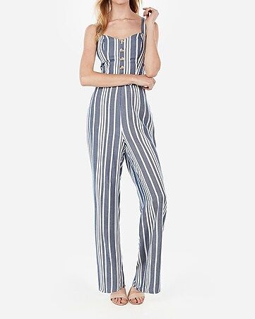 striped button front cut-out tie back jumpsuit | Express