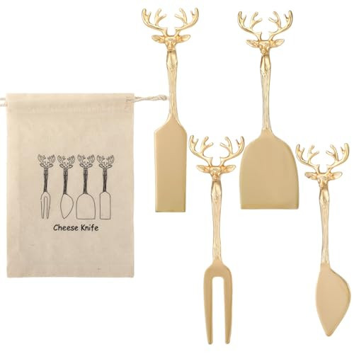 SiliFine Set of 4 Christmas Cheese Knives Set with Bag Christmas Cheese Spreaders Reindeer Handle Brass Knives Slicer and Butter Cutter for Charcuterie Boards Accessories | Amazon (US)